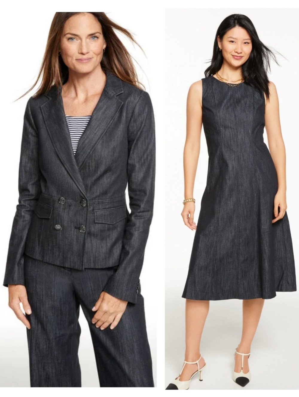 Talbots Refined Denim Double Breasted Blazer And Midi Dress Set Size 14